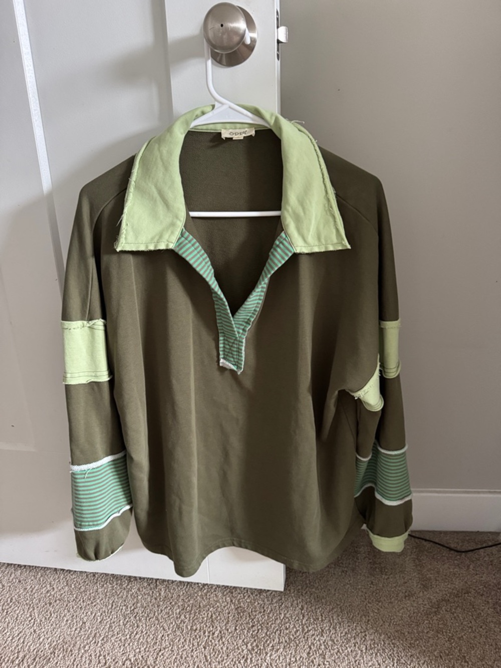 Olive Green Pullover with Mint Accent Collar